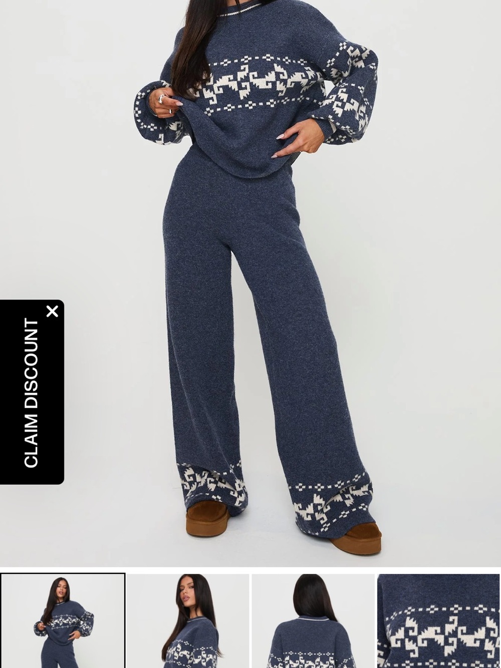 Princess Polly Navy & Cream Fair Isle Wide-Leg Knit Pants